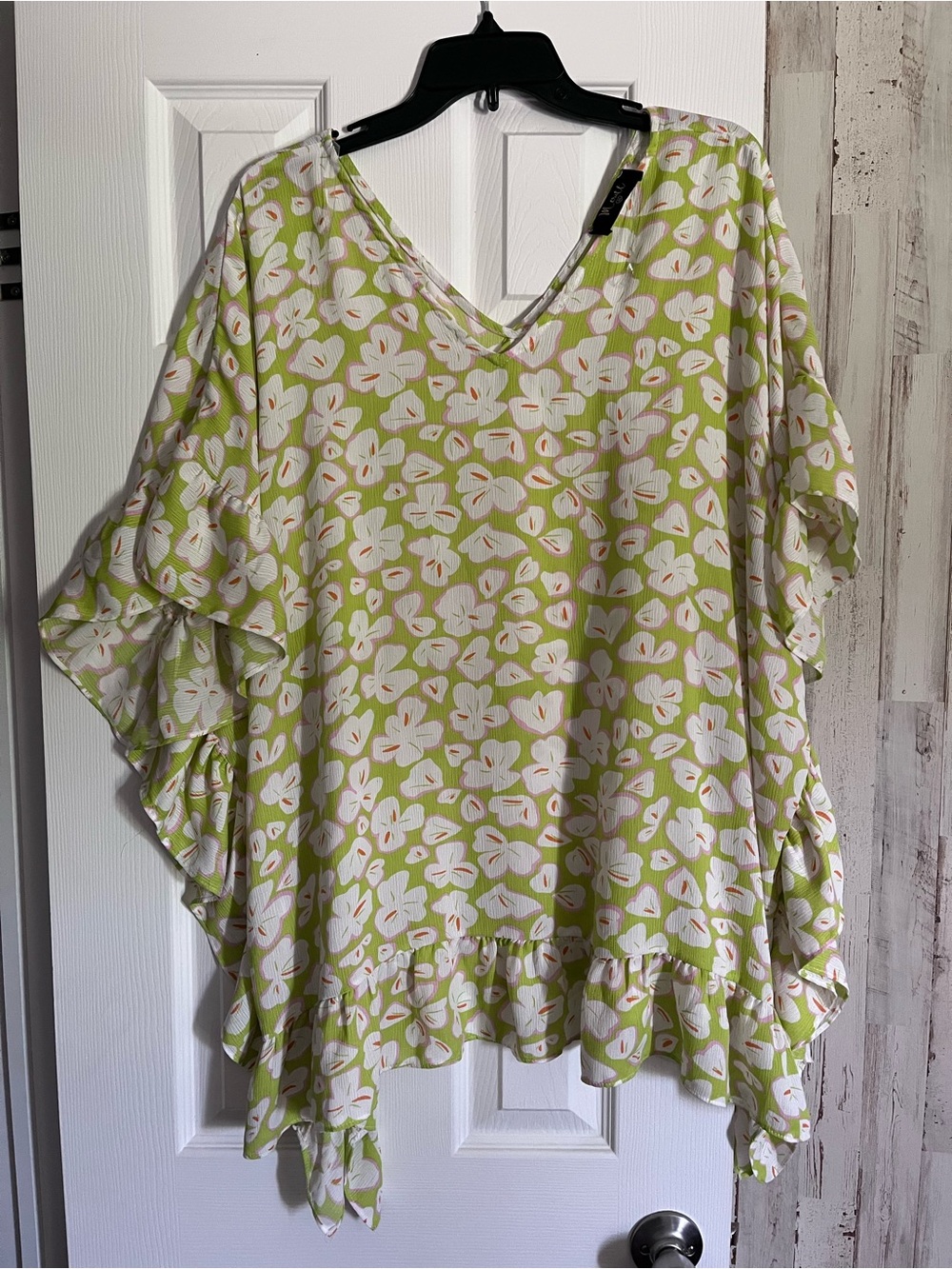 Lime Green & White Floral V-Neck Ruffle Tunic